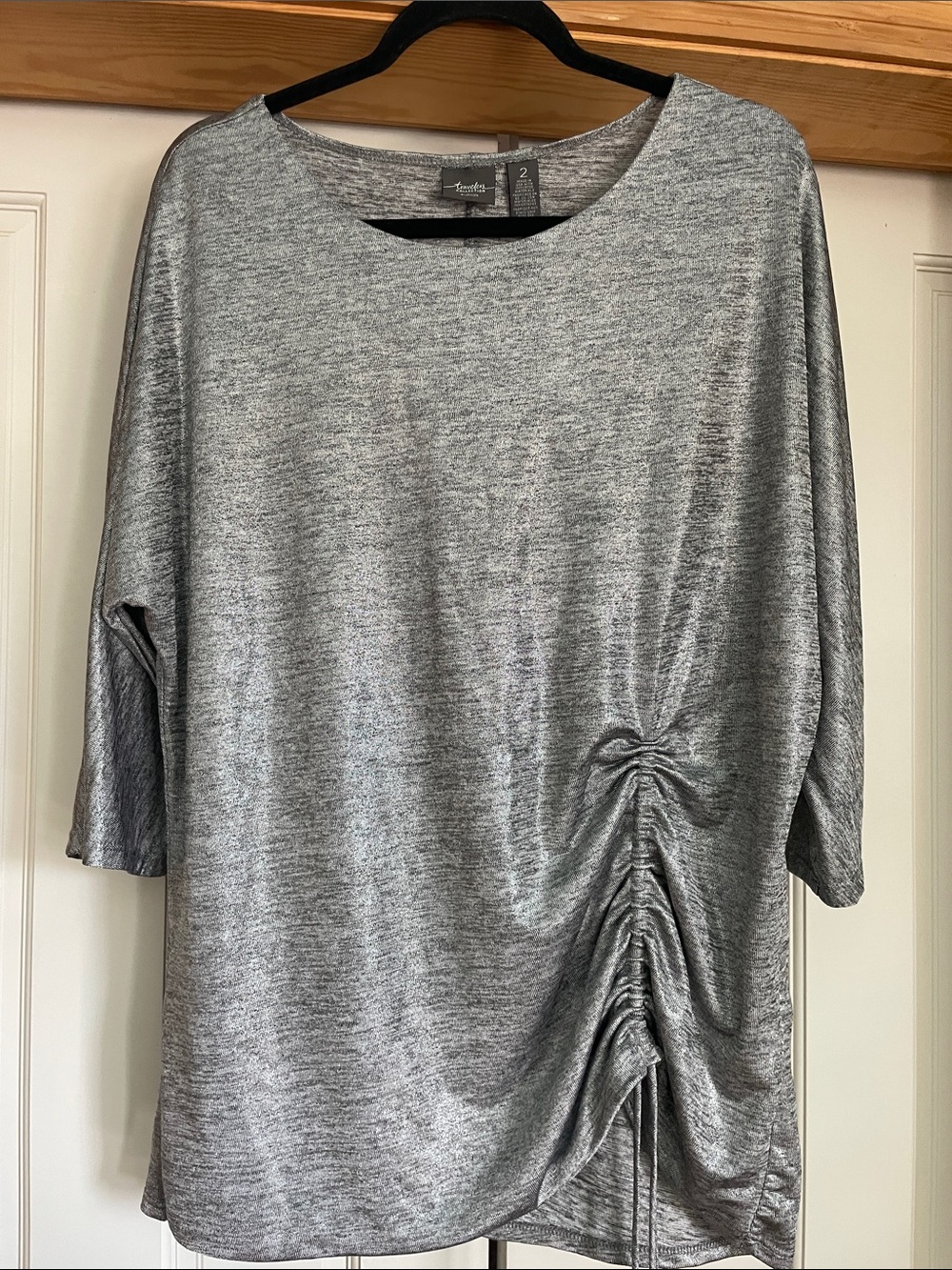 Stretch Metallic Ruched-Side Tunic Top - Silver